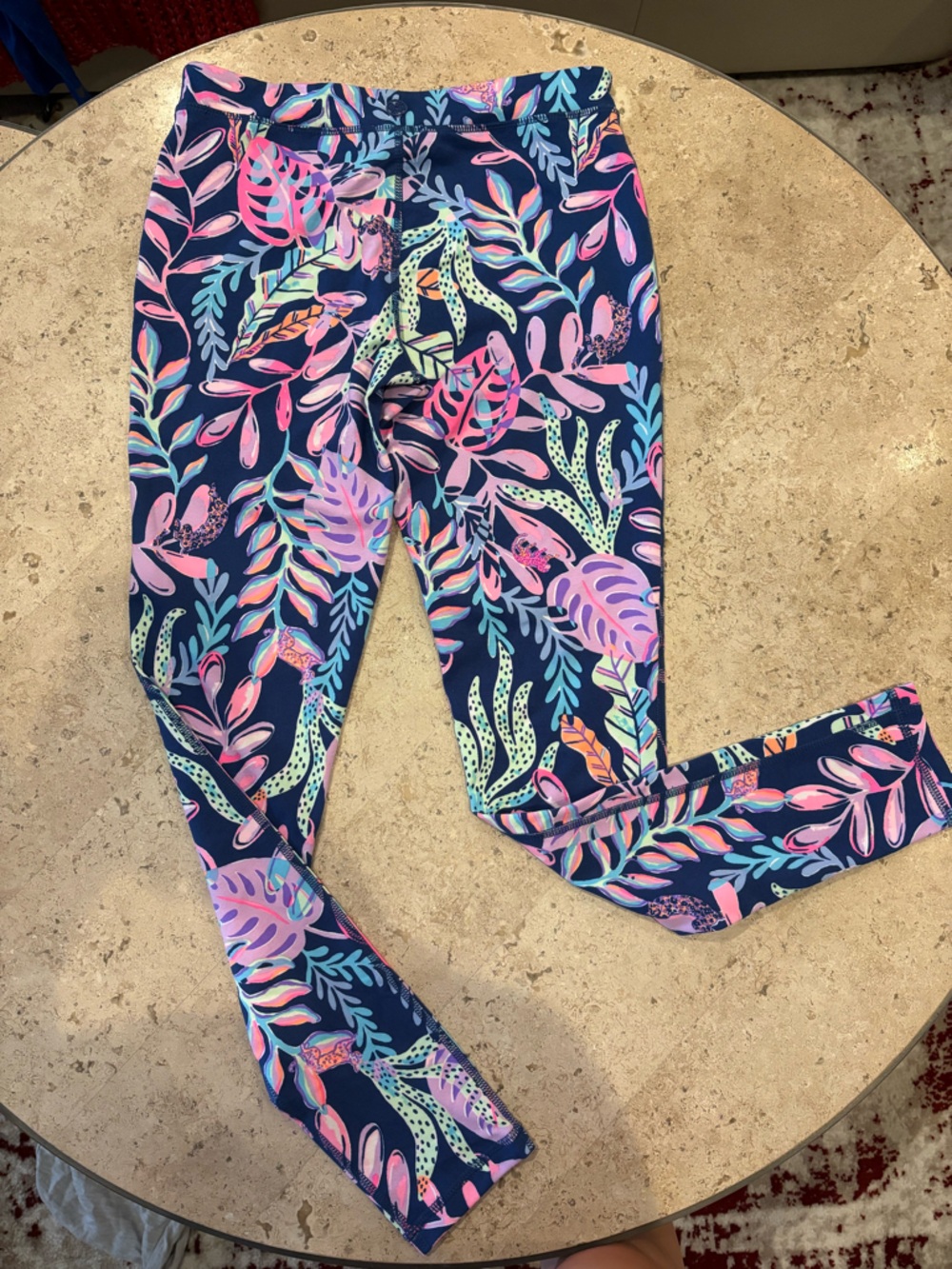 Lilly Pulitzer Navy Leggings with Pink, Teal & Purple Leaf Print